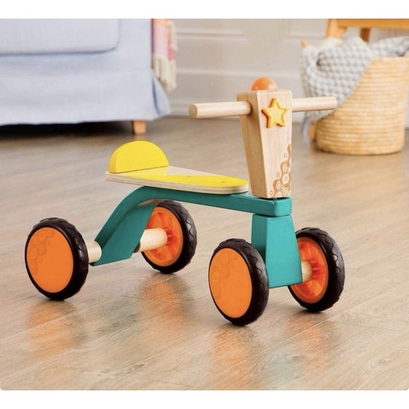 Wooden 4-Wheel Ride-On Tricycle Yellow Teal for Toddlers Boys & Girls Ages 1-3 - Picture 3 of 3
